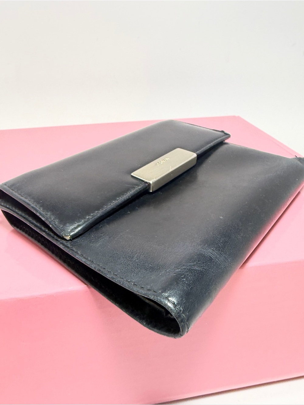Prada Black Leather Compact Wallet with Silver Name Plate - Picture 3 of 12